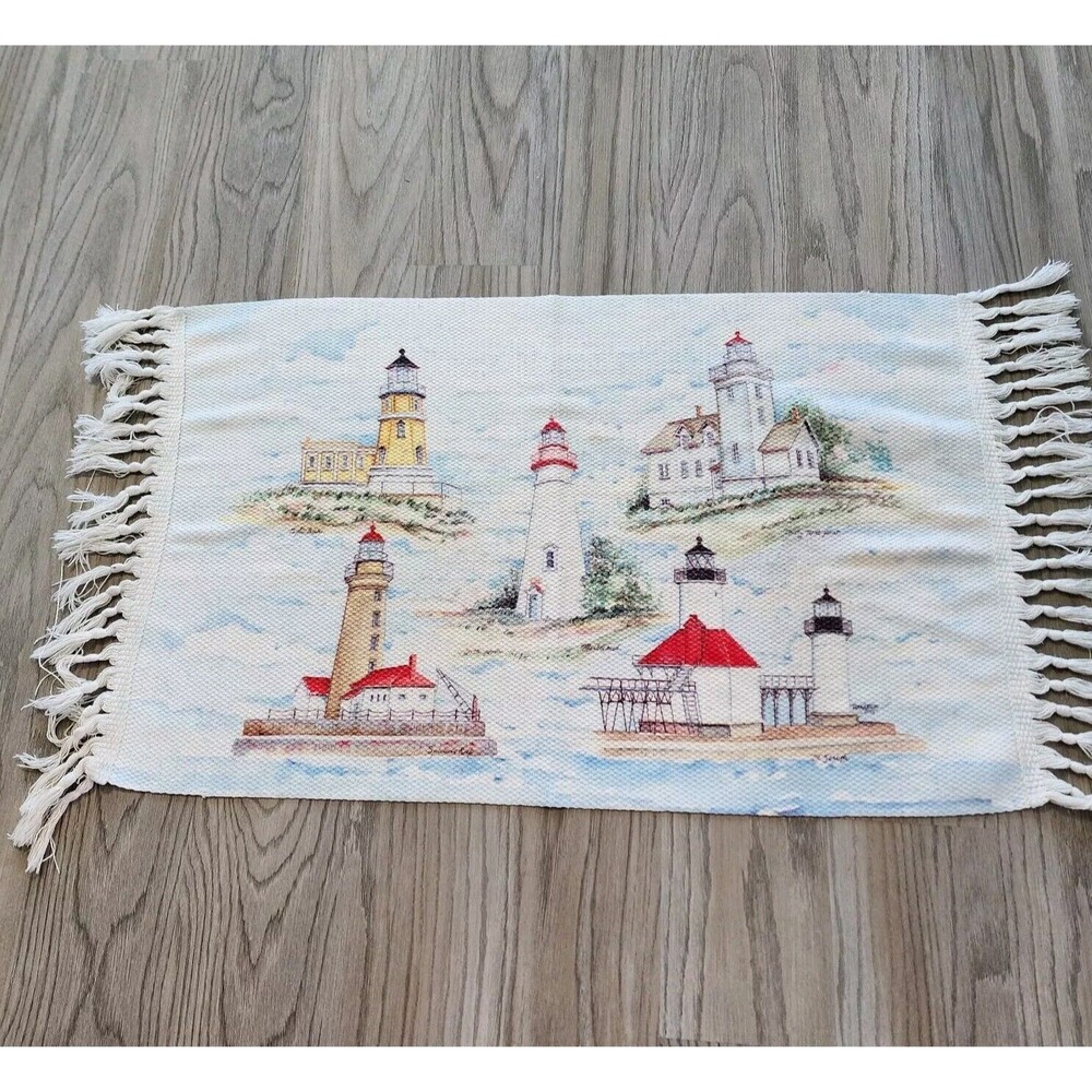 Historical Lighthouses Summer Doormat Throw Rug Fringe Indoor Outdoor 22" x 44"